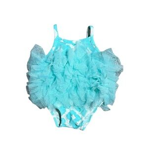 Mud Pie Baby Girl Turquoise Ruffled Swim Suit Size 0-6 Months